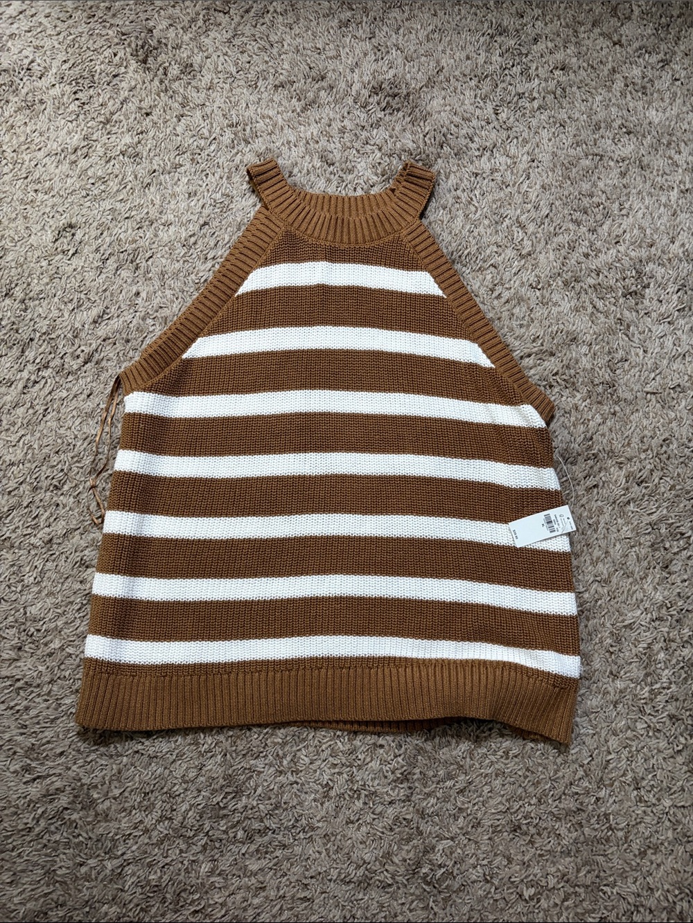 Striped High Neck Knit Tank Top - Brown & White
